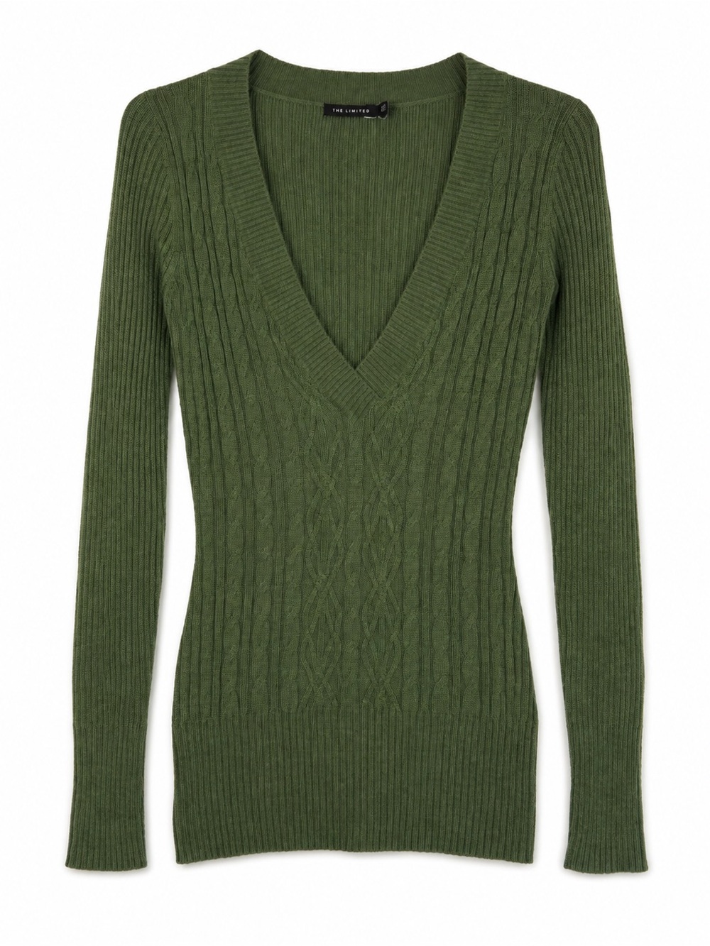 The Limited 2007 Y2K Olive Green Cable Knit Deep V Neck Sweater L
